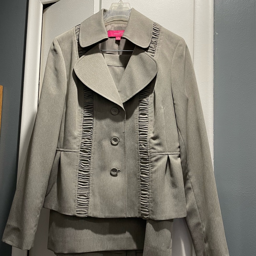 Nine & Co. Taupe Ruffle Detail Suit
